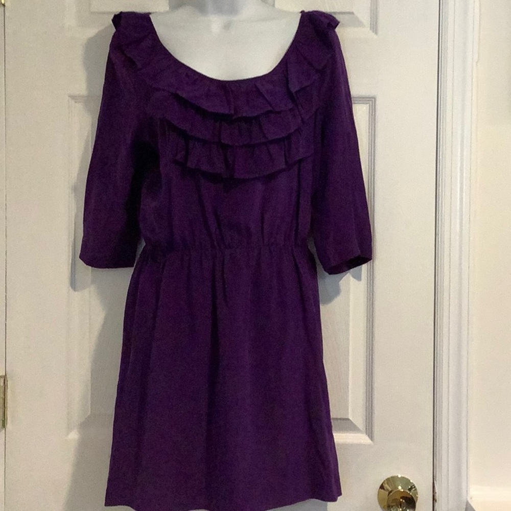 A NEW YORK 100% Silk Purple Ruffled Elegant Fall Wedding Guest Mini Dress M